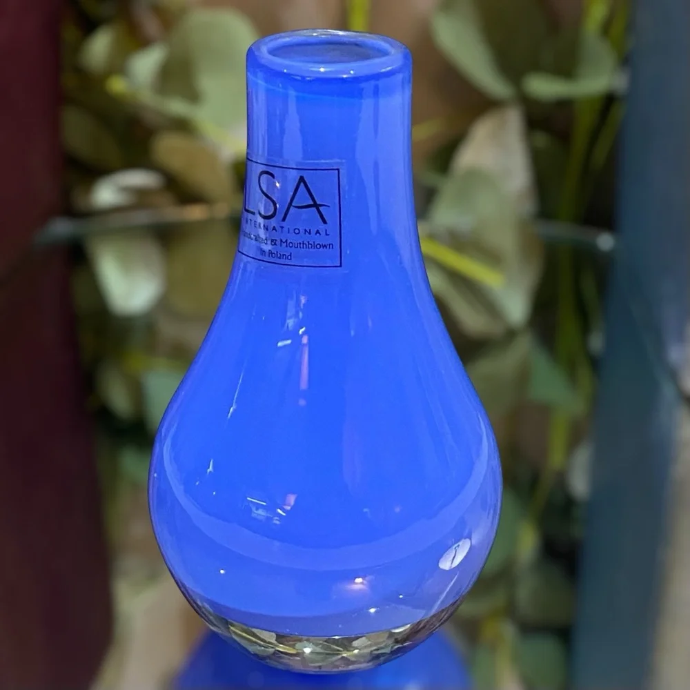 LSA International Poland Hand Blown Art Glass Blue Vase with Label